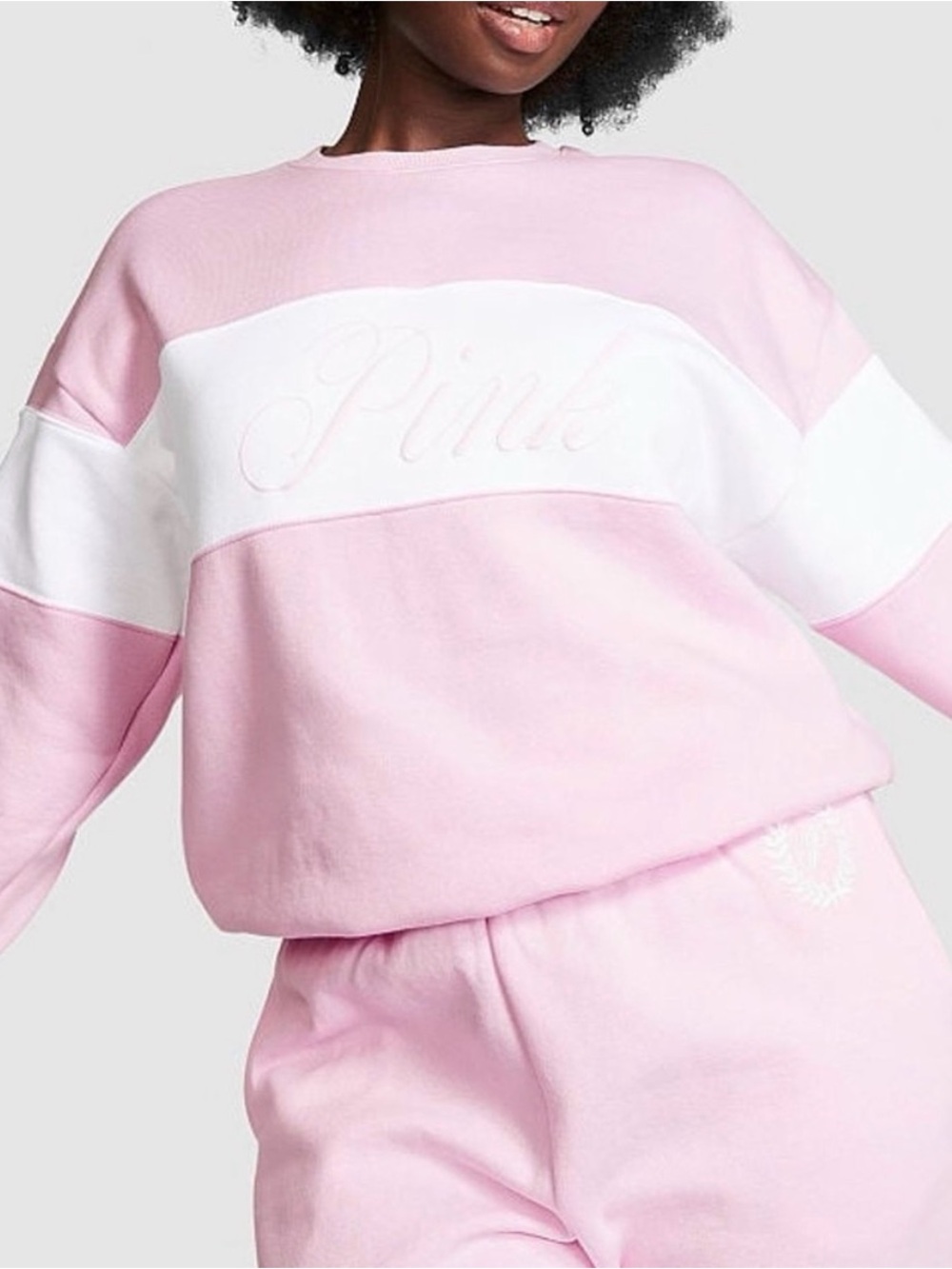 PINK Victoria's Secret Light Pink and White Colorblock Crewneck Sweatshirt